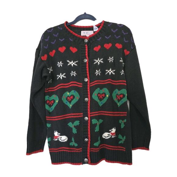 Vtg Christmas Cardigan Womens S Embroidered Cat Dog Fair Isle Hearts Grandmacore - Picture 1 of 11